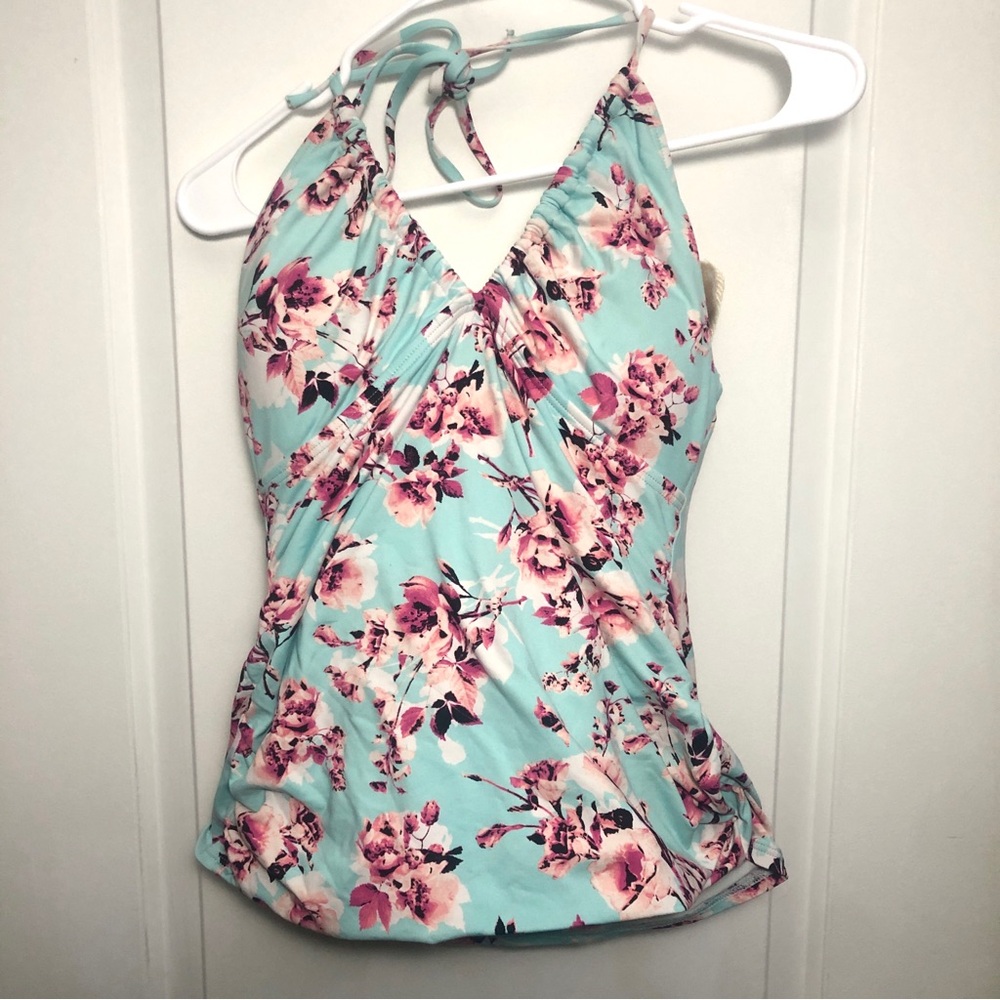 Floral Halter Tankini Swim Top - Pink and Blue Cherry Blossoms